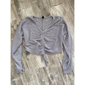 Shein Womens Crop Knit Sweater Sz S Gray Drawstring Scrunch Cinched Front V Neck